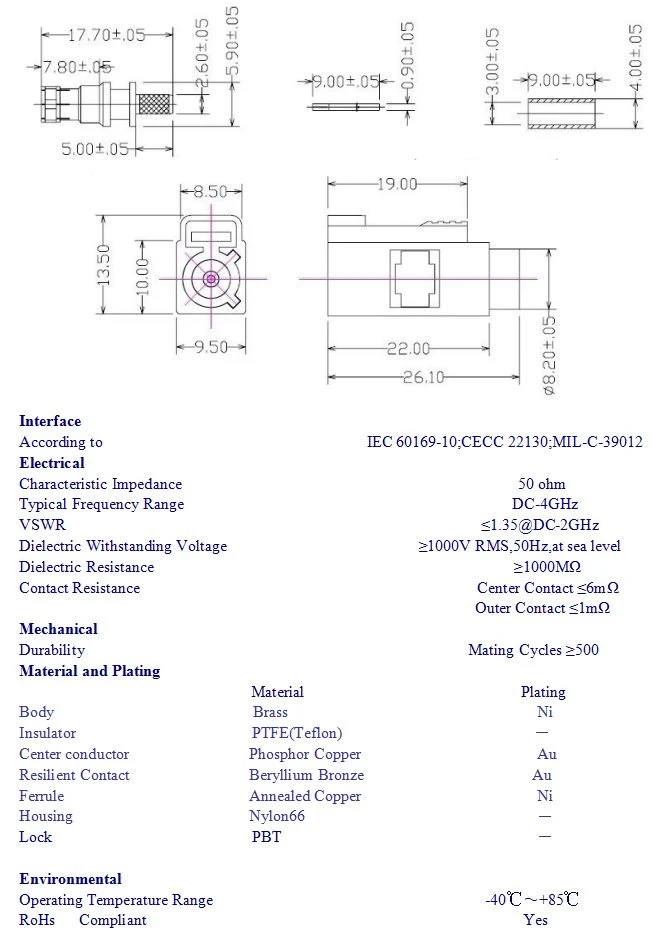 Fakra Z SMB Male Crimp RF Coaxial Connector for Rg174 Cable (water blue)