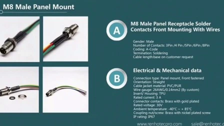 Connecteur mâle à 3 broches à vis M8 à filetage de capteur étanche IP67